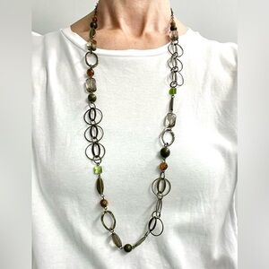 Long Multi-Color Beaded Necklace with Antique Gold Accents